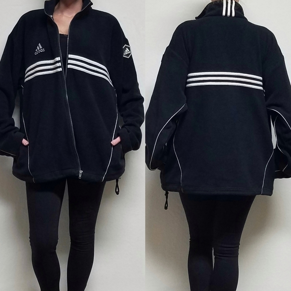 Vintage 90s/Y2K Adidas Black Fleece Three Stripe Logo Full-zip Soccer Jacket XL